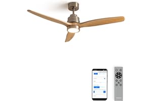CREATE / WINDSTYLANCE/Ventilador de techo con luz níquel aspas madera natural con Wifi y mando / 40W, Silencioso, Ø132 cm, 6 velocidades, temporizador, verano-invierno, doble altura