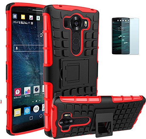 Preisvergleich Produktbild ISENPENK LG V10 / H960A(2015) Stand Case mit Panzerglas / Schutzfolie,TPU+PC Ultra Slim Silikon Tough Rugged Dual-Layer Hardcase with Built-in Kickstand Thin Schutzhüllen,Wasserdicht Shockproof Anti Slip Protection Hülle Tasche für LG V10 / H960A(2015) 5.7Zoll-[rote]+Panzerglas / Schutzfolie / Displayschutzfolie