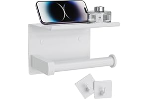 Tindbea Toilet Roll Holder with Phone Shelf + Towel Robe Hooks, Self Adhesive or Wall Mounted Toilet Roll Storage Dispenser, Stainless Steel Loo Roll Holder for Bathroom (White+Hooks, Regular)