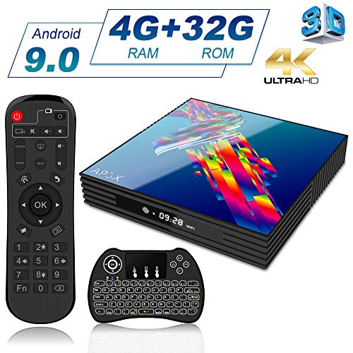A95X TV Box Android 9.0 [4GB RAM +32GB ROM] RK3318 Quad-Core Cortex-A53 CPU Bluetooth 4.2 4K Dual Band WiFi 2.4G/5GHz Ethernet LAN100M H.265 with Wireless Mini Backlit Keyboard Smart TV Box