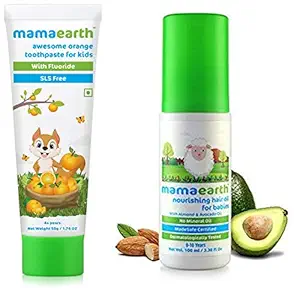 Mamaearth Nourishing Baby Hair Oil With Almond & Avocado, 100Ml And Mamaearth Natural Toothpaste, Orange Flavour, Sls Free, With 750 Ppm Fluoride, 4+ Years, Plant Based