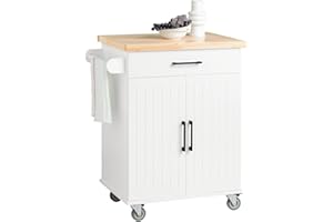 SoBuy Carrito de Cocina con Ruedas, Mesa Auxiliar con encimera de Madera de Caucho, Mueble Auxiliar de Cocina de MDF, Isla de Cocina con cajones – 74x91x46 cm, FKW119-WN