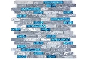 MOSANI Glasmosaik Naturstein Stäbchen Marmor Mosaikfliesen grau blau anthrazit Fliesenspiegel Wandverblender Bad - MOS87-0404