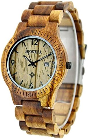 Men's and Women's Zebra Wood Watches Bamboo watch Japanese Quartz Design with Date Display Retro Style (Zebrawood)