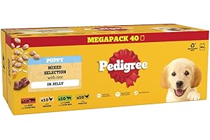 PEDIGREE Puppy Dog Food Pouches Chunks in Jelly, 40 x 100g Multipack, Four Flavours (with beef & Liver, Chicken, Lamb & Liver and Poultry)