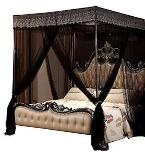 Nattey 4 Corners Post Canopy Bed Curtain for Girls & Adults- 4 Openings Bed Canopies -Bedroom Decoration Accessories(Queen,Black)