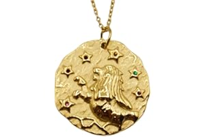 GOLDENCAT Collar Zodiaco Leo, Collar Horóscopo Leo, Cadena Fina Colgante Zodiaco Leo, Cadena Colgante Leo, Collar Acero Leo, Longitud 42cm extendido, Acero Inoxidable, Baño de Oro 14k