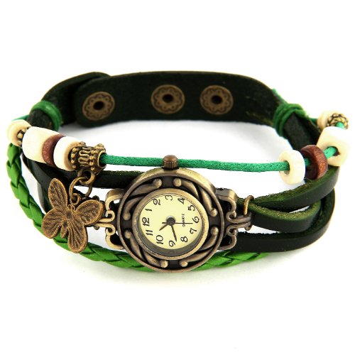 RE:CRON Damen Armbanduhr Leder mit Anhänger Schmetterling grün - verschiedene Farben wählbar RE:CRON Damen Armbanduhr Leder mit Anhänger Schmetterling grün - verschiedene Farben wählbar