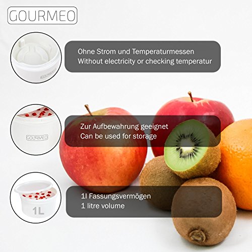 GOURMEO Premium Joghurtbereiter für Natur-Joghurt, Soja-Joghurt oder Quark | 1 Liter Fassungsvermögen, ohne Strom, einfache Reinigung | 2 Jahre Zufriedenheitsgarantie | Joghurt-Maker, Yoghurt-Bereiter, Joghurt-Gefäß, Yoghurt-Maker - 2