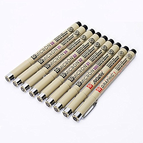 Sakura 9 Stücke Pigment Liner Pigma Micron Tinte Fineliner Satz 005 01 02 03 04 05 08 1 Bürste mit Stiftetui, Schwarz, Hergestellt in Japan - 4