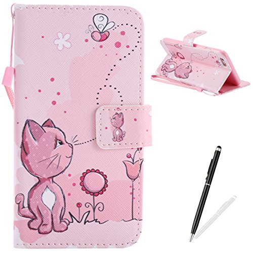 Feeltech iPhone 6 Plus/6s Plus Hülle PU-Leder und Brieftasche Bunte Muster Fall mit Magnetverschluss, Hybrid-Kickstand mit Stand-Funktion, schlagen Sie schützende weiche TPU Stoßstangenabdeckung und Kreditkartenhalter für iPhone 6 Plus/6s Plus Handgelenk Bügel-Buch-Art-Geldbeutel-Tasche mit 2 In 1 Berühren Sie Stift - Rosa Katze