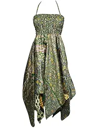 Indiatrendzs Women Sundresses Recycled Sari Handkerchief Hem Printed Halter Neck Uneven Holiday Summer Fashion Dress S/M (Green)