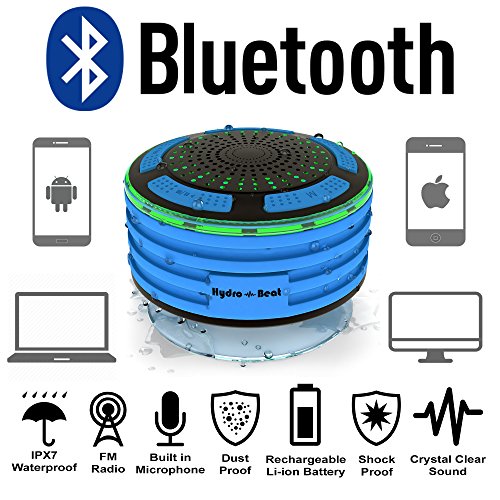 Duschradio – Hydro-Beat-Beleuchtung. IPX7 – vollständig wasserresistenter Bluetooth Radiolautsprecher mit LED- Beleuchtung. Aufladbar über Micro USB. (Blau und Schwarz) - 5
