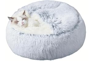 ZvoanSem Calming Round Dog Beds &Cat Cave Bed with Hooded Cover,Plush Fluffy Dog Bed Anti-Anxiety Cat Cave Bed,Waterproof Bottom Washable (Grey, 25.6X 25.6inch)