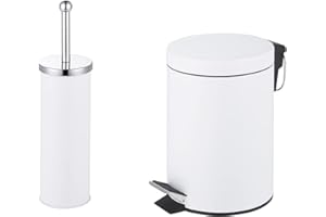 iTrend 3L Pedal Dustbin and Toilet Brush with Holder set - Bathroom Accessory - Powder Coated Steel Bin with lid - Toilet Brush with Stainless Steel Handle, Round Lid and Dense Bristles - White