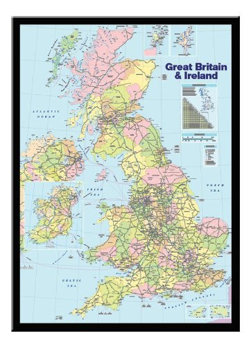 UK Map Pin Board Framed In Black Wood Includes 100 Pins - 96.5 x 66 cms (38 x 26 inches)