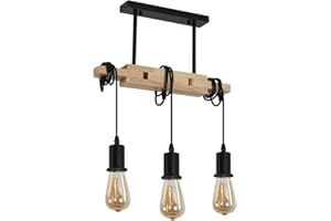 Toolight Suspension Luminaire Industrielle Rétro, Lustre Industriel en Bois, Lustre Réglable Vintage en Métal Noir E27 pour Salon Cuisine Chambre à Coucher (Ampoule non Incluse)