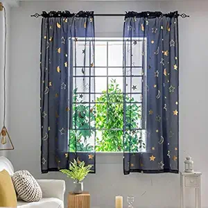 Navy Blue Cute Curtains for Girls Room - Rod Pocket Star and Moon Sheer Curtains for Kids Room 84 Inch Length , Set 2 Panels