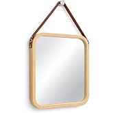 Deinhaus Askılı Ahşap &Ccedil;er&ccedil;eveli Kare Ayna 32x42 cm &ndash; Deri Askılı Duvar Aynası, Modern Minimal Dekoratif Ayna, Antre Banyo Yat