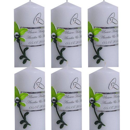 Preisvergleich Produktbild Gastgeschenke Tischkerzen zur Hochzeit 6 Stück Gastkerzen gearbeitet wie Hochzeitskerze Orchidee mit Namen und Datum apfelgrün weiss IH101