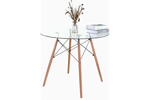 JOOLIHOME LIVING Retro Luxury Glass Round Dining Table Eiffel Design Metal Frame 4 Beech Leg with Glass Table Top 90 Dia Surface For Kitchen Dining Room Family Workstation