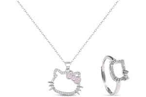 BCHKO 2 Piezas Conjunto de Joyas, Anillo y Collar, Collar de Gato con Diamante, Colgante de Gatito Kawaii con Lazo, Joyería, Regalos para Niñas