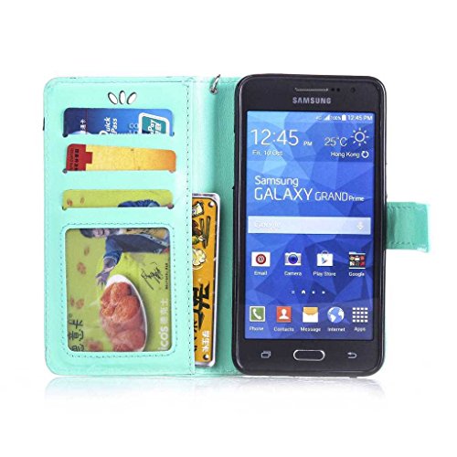 Galaxy Grand Prime Hülle Ledertasche [mit Frei Hartglas Displayschutzfolie], KKEIKO® Schutzhülle PU Leder Tasche Hülle Case für Samsung Galaxy Grand Prime, Wickelfalz Handyhülle mit Bändselloch Standfunktion Karteneinschub und Magnetverschluss, Kratzfeste Lederhülle Flip Wallet (Schmetterling #1) - 4
