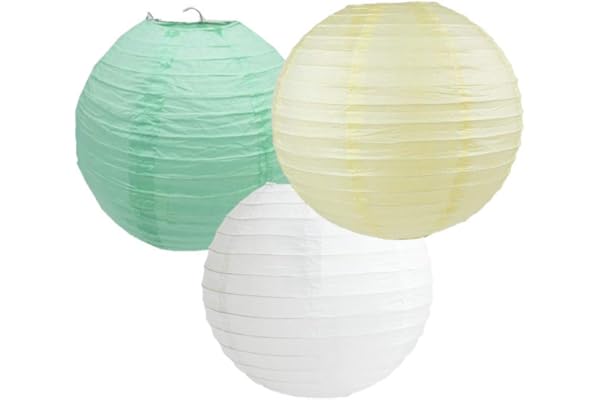 Linternas de papel de colores mezclados, paquete de 3 linternas de papel redondas, pantalla para decoración de fiesta (pantalla marfil menta, 20cm)