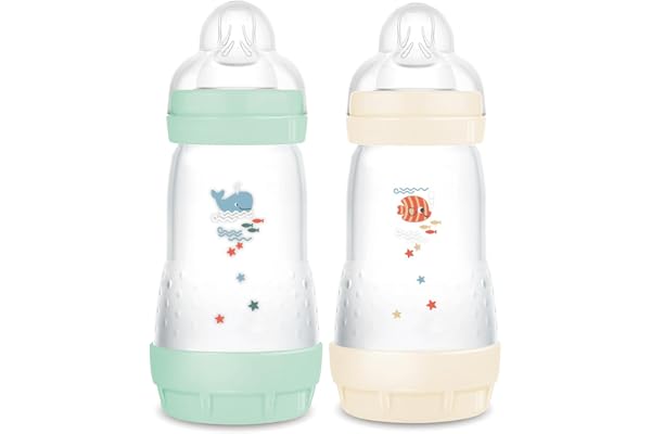 MAM | Lot de 2 biberons Easy Start Anti-Colique 2+ mois débit moyen (2 x 260 ml) Menthe + Coton – Biberon pour réduire les coliques et l'inconfort de bébé – Biberon bébé compatible avec l'allaitement