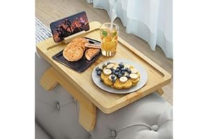 Suzmei Natural pine Sofa Arm Tray Table with Rotating Mobile Holder, sofa tray Foldable Clip-On sofa trays Design for Couches Foldable Armrest Tray for Eating & Drinking