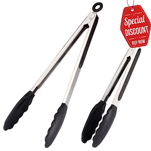 SveBake Grillzange Set - 2er Küchenzange Mehrzweckzange Servierzange aus hochwertigem Edelstahl und Lebensmittelqualität Silikon perfekt zum Kochen, Servieren, Grill und mehr 26 cm + 34 cm
