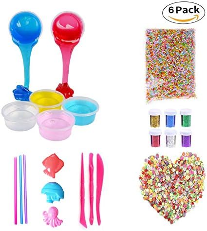 Slime DIY Kit, 6 Pack Crystal Clay Mud with 15000PCS Colorful Foam Balls, 1000PCS Fruit Face Decoration, 6 Bottles Glitter Shaker Jars, Magic Transparent Plasticine Toys for Adults and Children