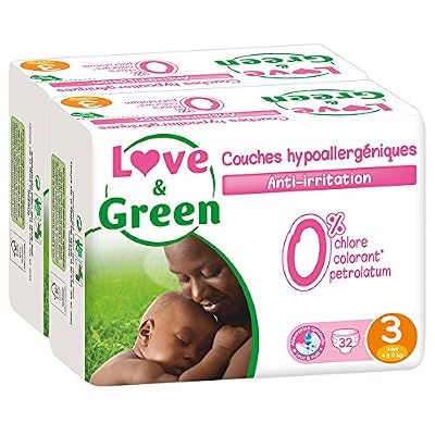Love & Green - Couches Bébé Hypoallergéniques 0% - Taille 3 (4-9 kg) - Lot de 2 x 32 couches (64 couches)