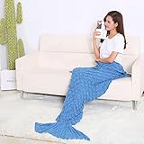 DAN ® Garn gestrickt Meerjungfrau Schwanz Decke handgefertigte Häkelmütze Meerjungfrau Decke für Erwachsene und Kinder Überwurf Bett Wrap Super Soft Schlafsack (195*95cm, scale blue) - 2
