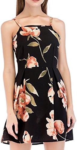 Osha Mini Floral Print Collect Waist Dress Strappy Style with Shoulder-Straps and Backless Beach Dress for Summer (S, Black)