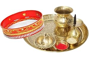 LAKSHMI'S EAGLE Pooja Thali Set Of 7 Pcs Indian Decorative Puja Items Aarti Plate For Temple, Wedding Home Décor Karwachauth Thali Set Brass Tika Thali Diwali Decoration Gifts