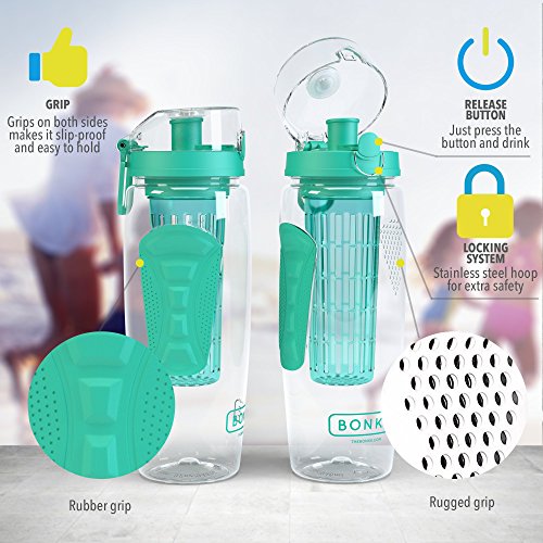 Bonke Trinkflasche für Fruchtschorlen – Große 1 Liter BPA-freie Sportflasche – Wasserflasche mit Gummigriff und extra sicherem Verschlusssystem – 1 Jahr Garantie - 4