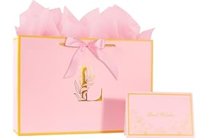 DIMETEY 12.6Inch Large Pink Letter Gift Bag with gift Card and Tissue Paper for Girl Women's Birthday,Valentine's Day, Thank You,Christmas,Any Occation (Pink L)