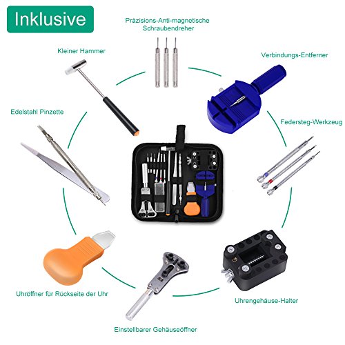 GHB Uhrenwerkzeug 14 pcs Uhrmacherwerkzeug Uhrenöffner Uhr Reparatur Werkzeug Set mit Hammer Tasche - 3