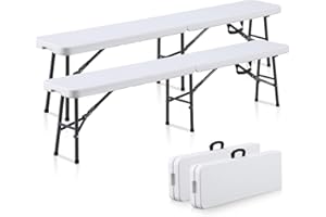 KAIHAOWIN 6FT Plastic Folding Bench White with Carrying Handle Indoor/Outdoor Portable Seat for Picnic, Camping, Dining, Party- 2 Pack