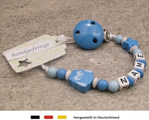 Personalised Baby DUMMY CLIP | Pacifier Holder with preffered name – boys motif star &amp; sky blue owl | Beststeller from Germany
