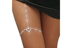 Flovel Cadena de pierna de diamantes de imitación brillante, cadenas de cuerpo de cristal de corazón plateado, joyería de cadena de muslo de club nocturno Rave para mujeres y niñas