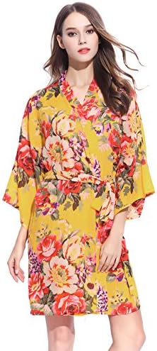 FETE FABULOUS Yellow Floral Lightweight COTTON, Getting Ready KIMONO Robe/Cover-up for Holiday/Honeymoon/Hen Weekend/Spa Day (Pineapple Yellow)