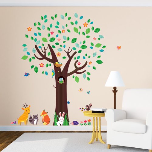 Decowall,DM-1312,Big Tree and Animal Friends Wall Stickers
