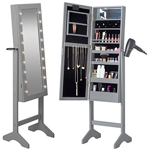 Beautify Floor Standing Make Up and Jewellery Organiser Cabinet with Mirror & LED Lights - Grey