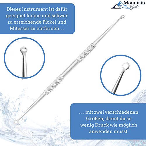 Mitesserentferner | Nummer 1 aus dem Testbericht | Das Original von MountaingGoods | 5-teiliges Mitesser,- Pickelentferner Set | E-Book: 7 Tipps für eine gesunde und schöne HautKomplettes Profi Set aus 5 verschiedenen Instrumenten | Mitesserentferner – Komedonenquetscher | Behandlung fÙr Pickel, Mitesser und Pusteln | FÙr unreine Haut | Speziell geformte Werkzeuge | Mit Anleitung in Form eines eBooks fÙr die richtige Anwendung | Qualitativ hochwertige Instrumente mit edler Metallbox - 4