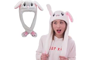 BONHHC Lapin mignon chapeau en peluche est très intéressant que l'oreille peut bouger, avec bonnet d'airbag, cadeau mignon en peluche, bonnet chaud