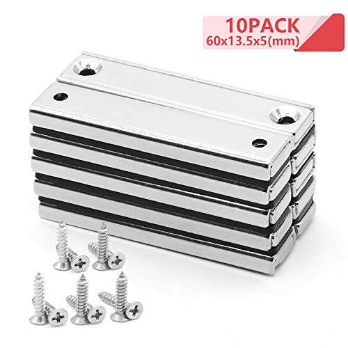 YSYBL Imán de Neodimio,Super Fuerte imán de Tierras Raras,60x13.5x5mm Imanes de Olla rectangulares con Orificio del mostrador con Tornillos de Montaje (10 PC)