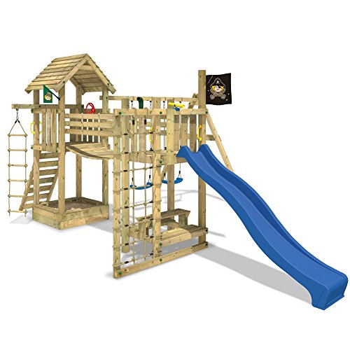 WICKEY Stelzenhaus Hillbilly’s Farm Spielburg Spielturm mit Schaukel, Rutsche, Brücke und viel Spiel-Zubehör, blaue Rutsche + blaue Schaukelsitze - 2