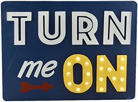 Turn Me On - Retro Blue, White and Yellow Wooden Wall Hanging Pop Art Decor with Battery Operated 18 LED Lights